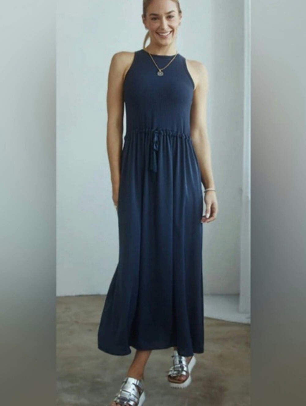 Shebird The Addison Maxi Dress L Navy Ribbed Pockets Bra Top High Neck Tassels